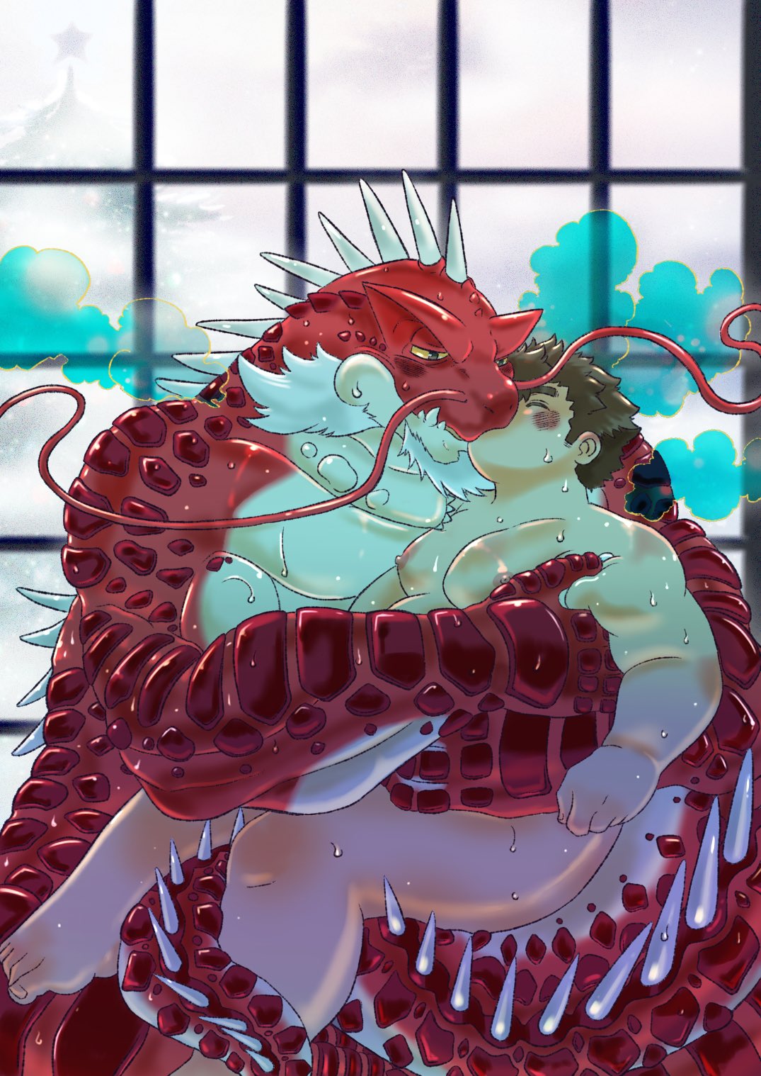 anthro barbel_(anatomy) beard blush bodily_fluids chubby_protagonist_(tas) duo facial_hair flesh_whiskers french_kissing hi_res human interspecies itzamna kemono kissing kusarikakemono lifewonders male male/male mammal mature_male moobs muscular nipples nude overweight scalie spikes sweat tokyo_afterschool_summoners window