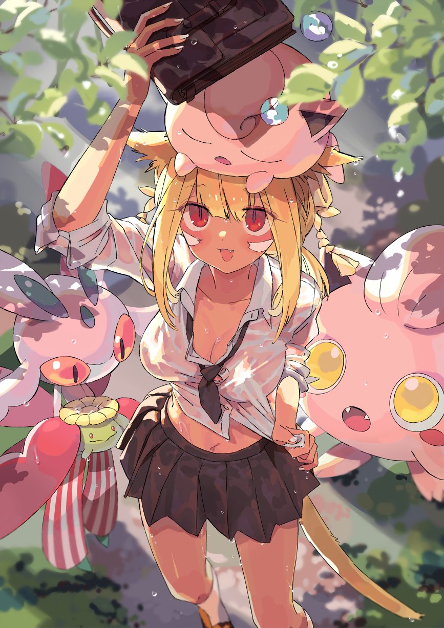 1girl :d arm_up blonde_hair blush brown_skirt collared_shirt commentary_request crossover day fang final_fantasy final_fantasy_xiv highres hiyo_moo holding jigglypuff long_hair lurantis on_head open_mouth outdoors pleated_skirt pokemon pokemon_(creature) pokemon_on_head red_eyes scream_tail shirt skiploom skirt sleeves_rolled_up smile standing warrior_of_light_(ff14) wet wet_clothes wet_shirt