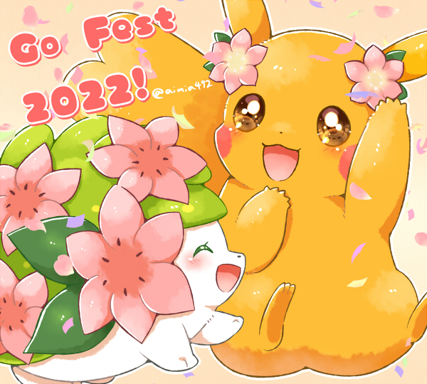 :d ^_^ aimi_(aimia492) artist_name blush brown_background brown_eyes closed_eyes commentary_request confetti dated falling_petals flower happy no_humans open_mouth petals pikachu pink_flower pokemon pokemon_(creature) pokemon_(game) pokemon_go shaymin shaymin_(land) simple_background smile twitter_username