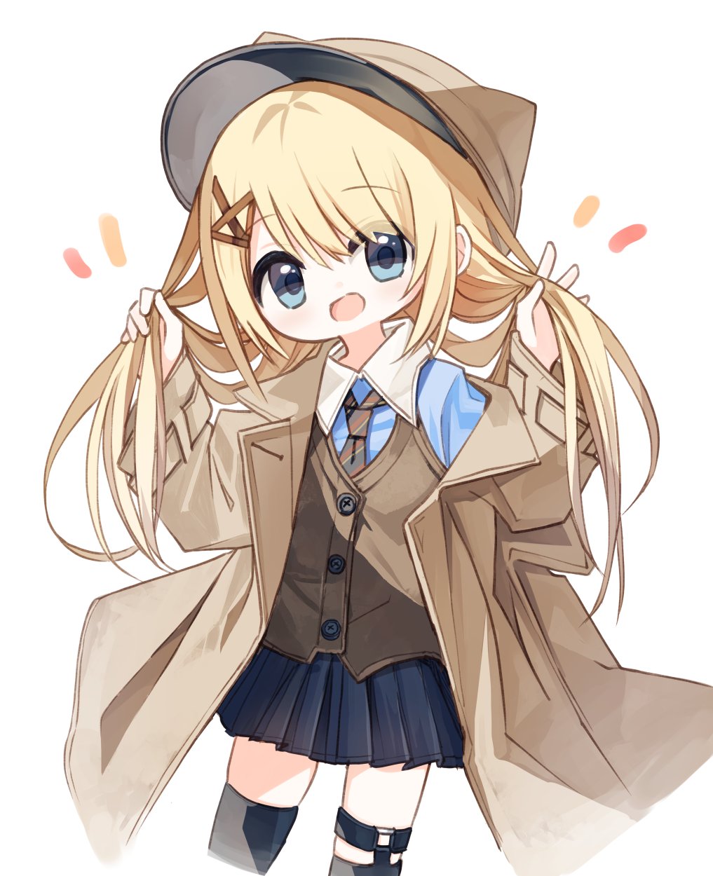 1girl animal_ears animal_hat black_skirt black_thighhighs blonde_hair blue_eyes blue_shirt brown_headwear brown_jacket brown_vest cabbie_hat collared_shirt commentary_request cropped_legs diagonal-striped_necktie fake_animal_ears hair_between_eyes hair_ornament hairclip hands_up hat highres jacket long_hair long_sleeves looking_at_viewer necktie notice_lines open_clothes open_jacket original pleated_skirt shirt simple_background skirt sleeves_past_wrists solo thighhighs very_long_hair vest white_background wide_sleeves x_hair_ornament yuuhagi_(amaretto-no-natsu)