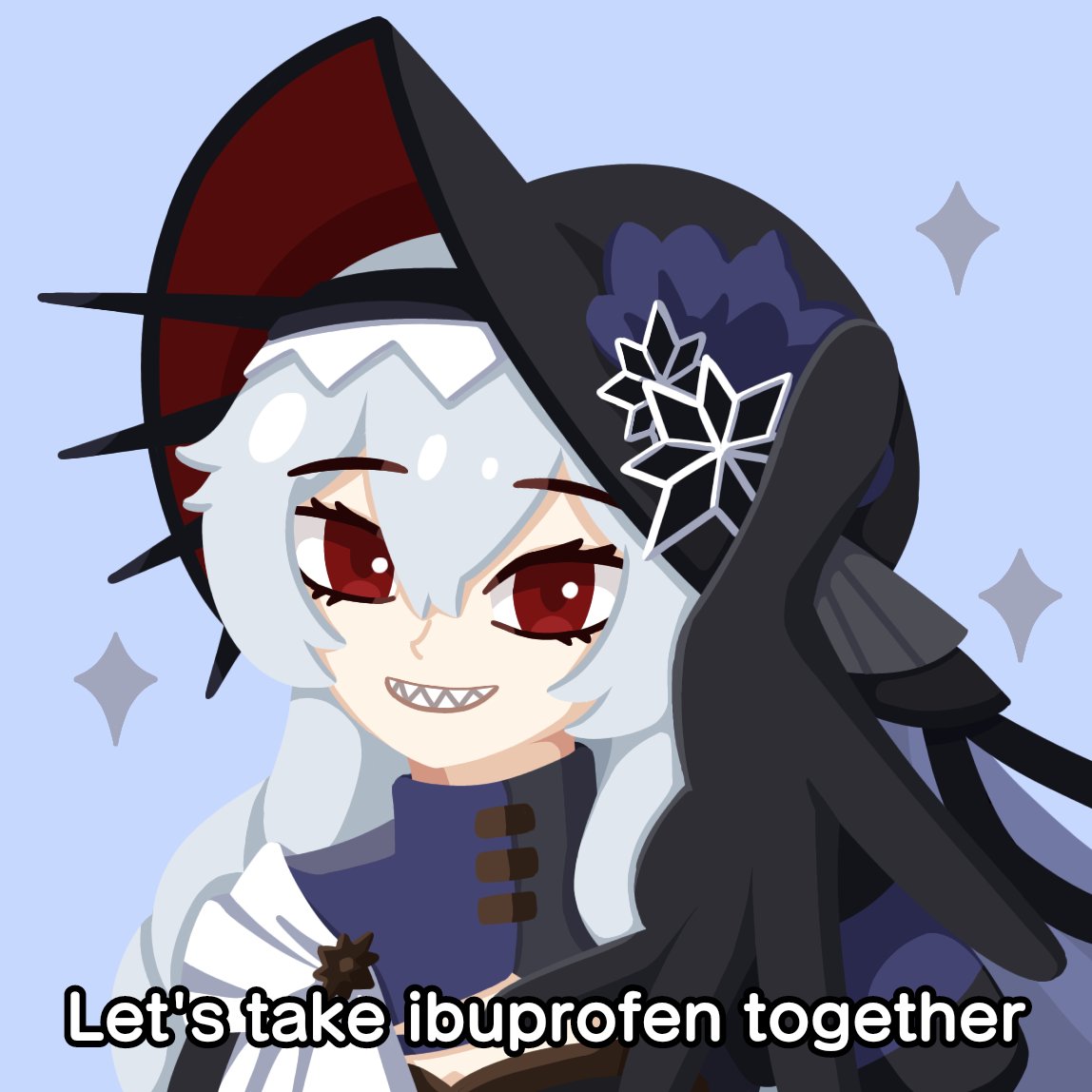 1girl arknights black_gloves black_headwear blue_background commentary english_commentary english_text gloves grey_hair gribberoni grin hair_between_eyes let's_take_ibuprofen_together_(meme) long_hair looking_at_viewer meme reaching reaching_towards_viewer red_eyes sharp_teeth simple_background smile solo specter_(arknights) specter_the_unchained_(arknights) teeth