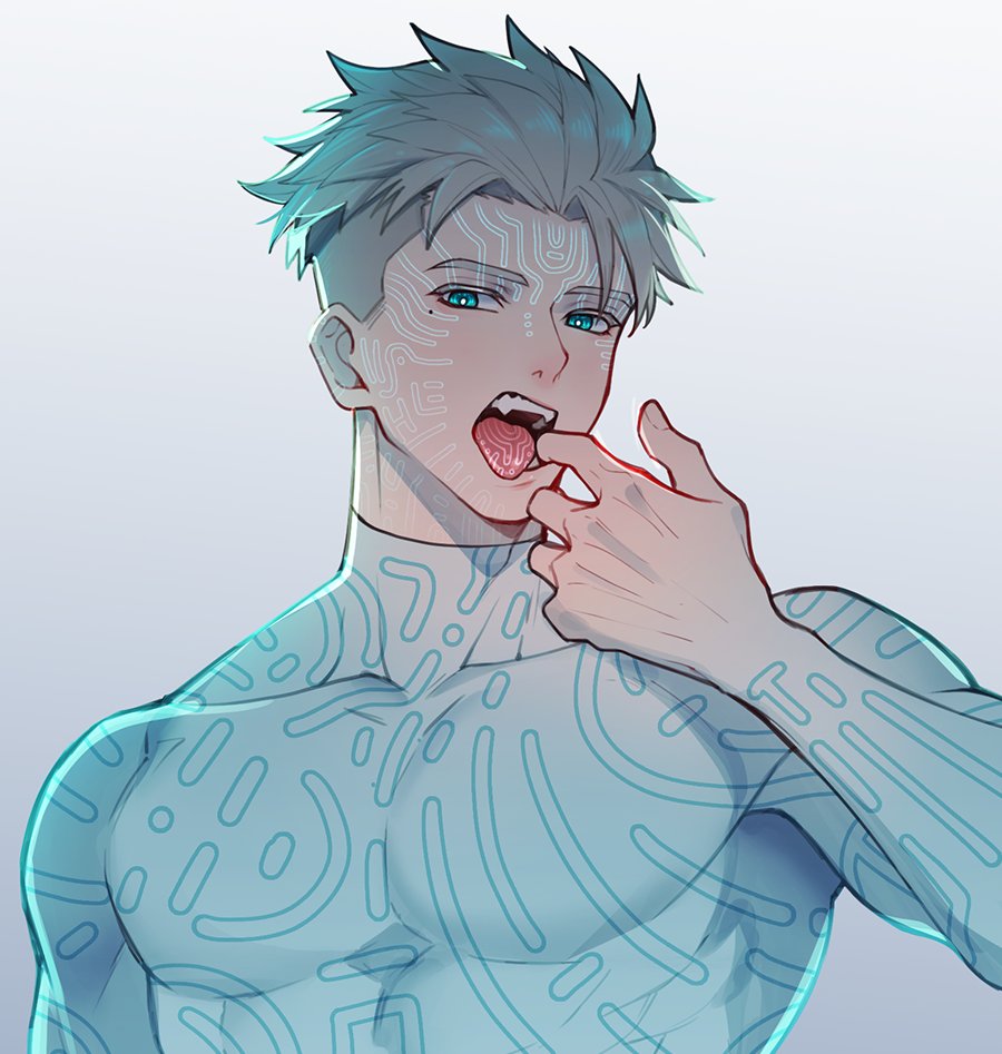 1boy aqua_eyes body_markings bodysuit facial_mark fangs finger_in_own_mouth grey_background grey_hair hand_up looking_at_viewer male_focus millions_knives mole mole_under_eye mouth_pull natural_wind short_hair simple_background solo toned toned_male tongue tongue_mark tongue_out trigun trigun_stampede undercut white_background