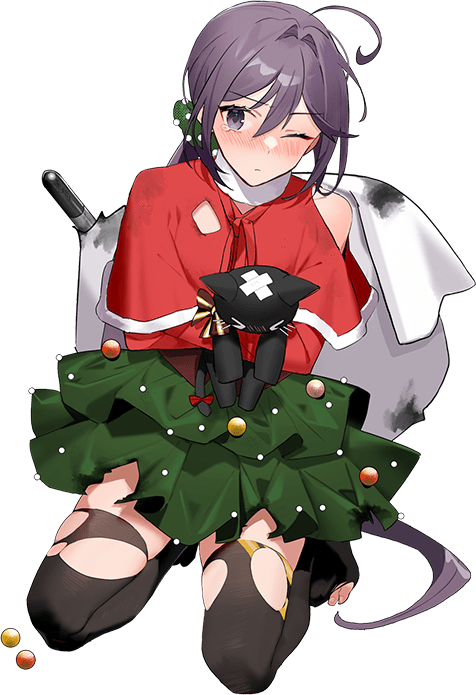 1girl akebono_(kancolle) capelet christmas doll drew_(drew213g) full_body hat kantai_collection long_hair looking_at_viewer official_art one_eye_closed sack seiza side_ponytail sitting skate solo stuffed_animal stuffed_cat stuffed_toy thighhighs transparent_background very_long_hair