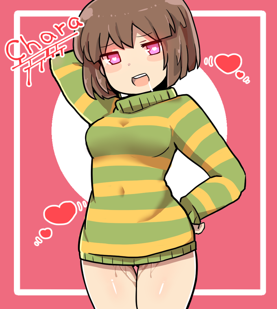 1girl :d aged_up arm_behind_head aroused ass_visible_through_thighs blunt_ends blush blush_stickers bob_cut border breasts bright_pupils chara_(undertale) character_name commentary covered_navel cowboy_shot drooling genderswap genderswap_(otf) glowing glowing_eyes green_sweater hand_on_own_hip hasso_(goodbad963) heart heart-shaped_pupils looking_at_viewer lowered_eyelids motion_lines no_pants outside_border pink_background pink_eyes pussy_juice saliva short_hair small_breasts smile solo standing striped striped_sweater sweater symbol-shaped_pupils teeth thigh_gap two-tone_background undertale upper_teeth_only white_background white_border white_pupils yellow_sweater