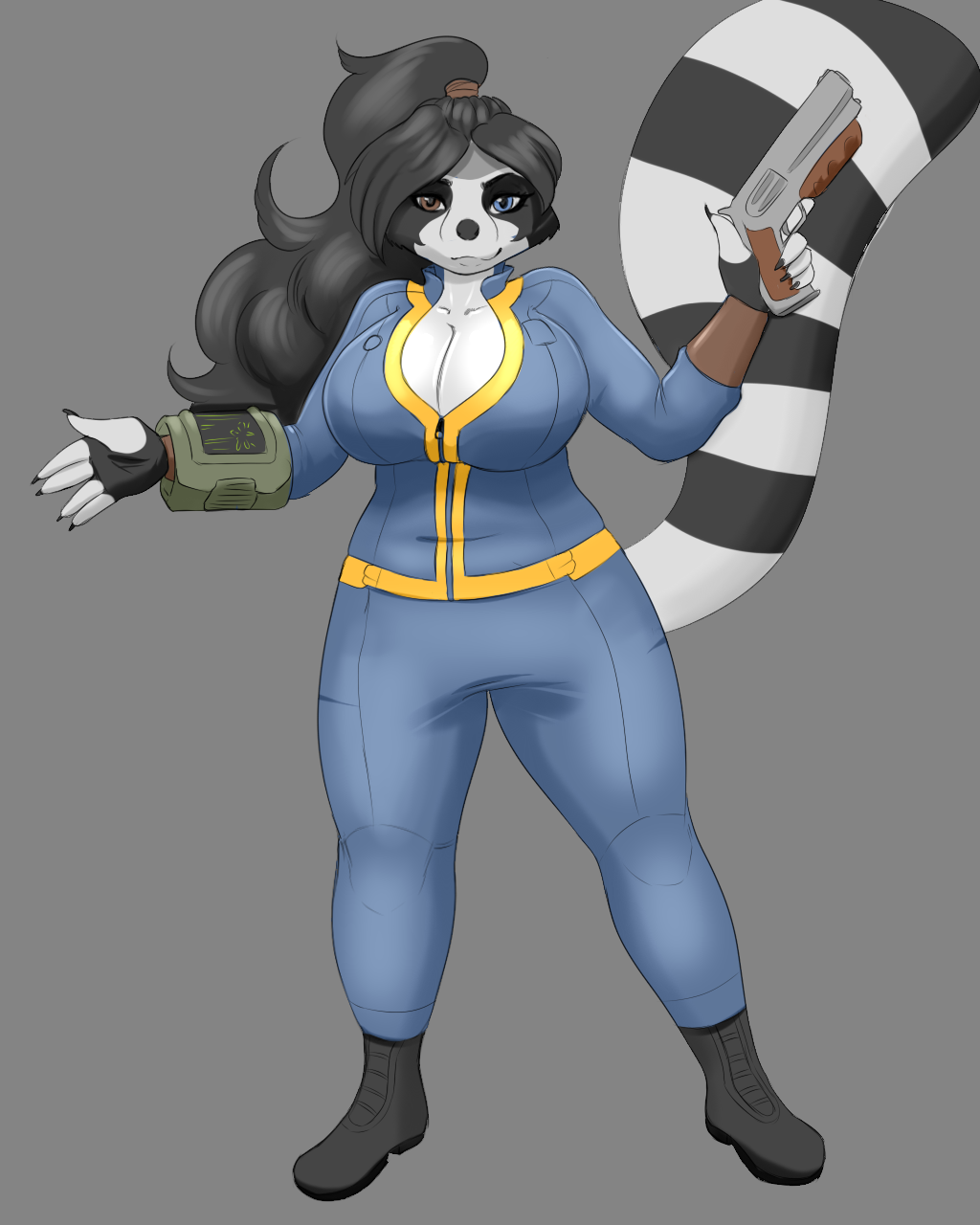 anthro bethesda_softworks big_breasts blackbetty breasts cleavage clothed clothing fallout female franciene_(tango's_family) gun hair hi_res looking_at_viewer mammal overalls procyonid raccoon ranged_weapon smile solo thick_thighs topwear weapon wide_hips