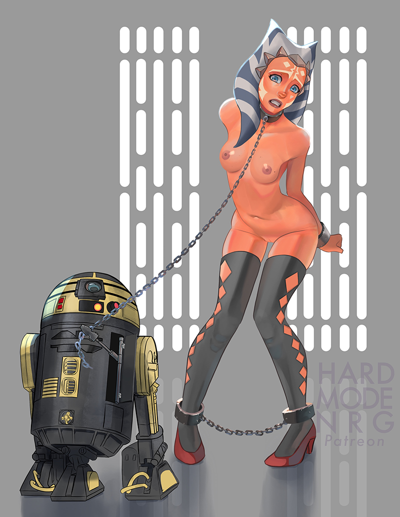 2023 ahsoka_tano alien alien_humanoid ankle_cuffs anthro areola artist_name astromech_droid blue_eyes bound breasts chain clone_wars clothing collar cuff_(restraint) droid duo facial_markings female footwear glistening glistening_breasts hardmoden head_markings high_heels humanoid innie_pussy legwear lekku_(anatomy) looking_at_viewer machine markings nipples not_furry orange_body orange_skin r2-series_astromech_droid restraints robot small_breasts star_wars stockings togruta