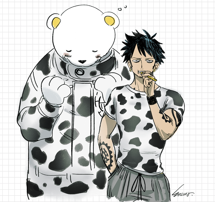 alternate_costume animal_print arm_tattoo bags_under_eyes bear bepo black_hair brushing_teeth closed_eyes cow_print earrings facial_hair hand_in_pocket hand_up hands_up holding holding_toothbrush jewelry jumpsuit male_focus one_piece polar_bear short_sleeves signature sleepy souma_(soumadian) tattoo toothbrush trafalgar_law