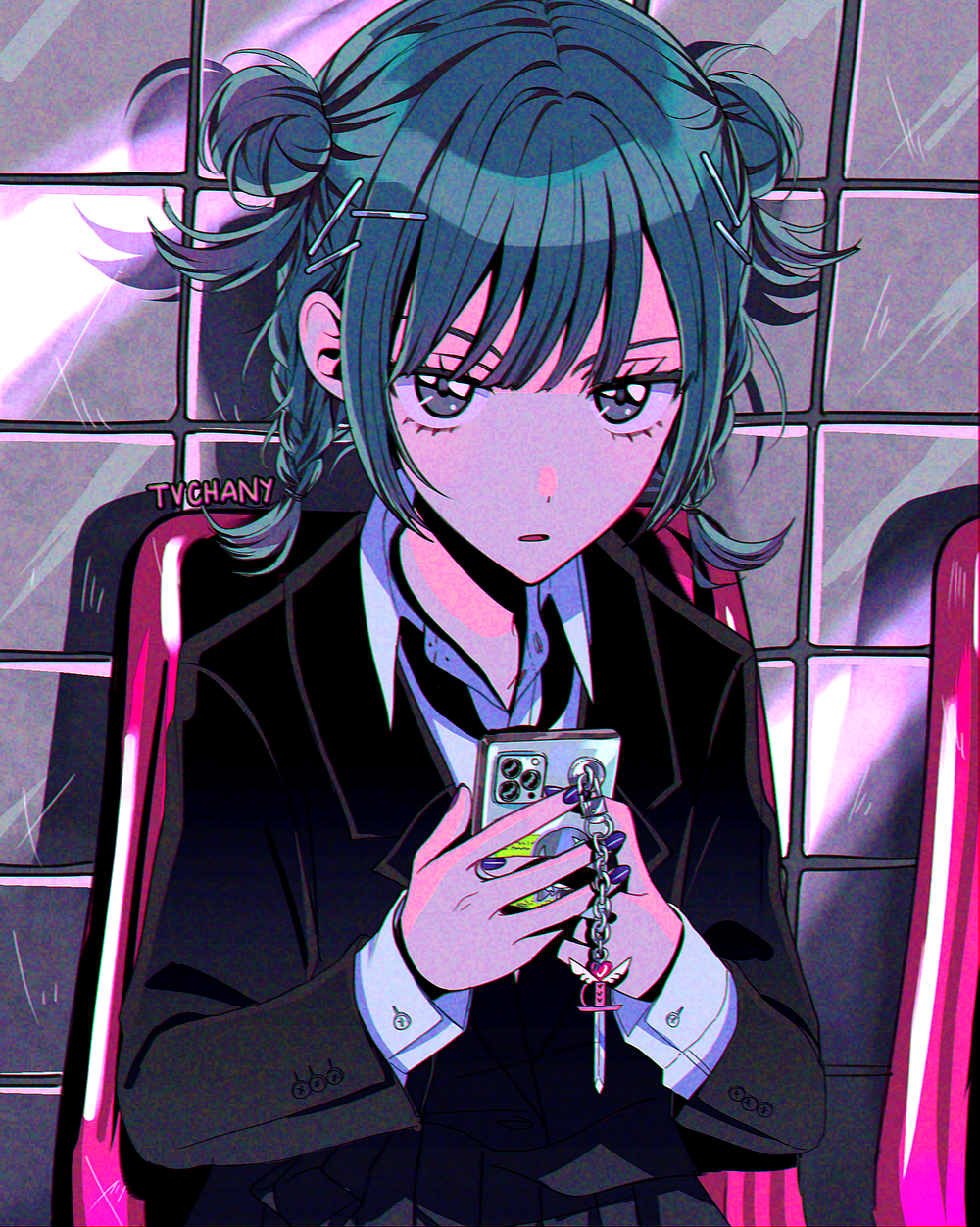 1girl artist_name black_eyes black_jacket blue_hair braid buttoned_cuffs cellphone cellphone_charm charm_(object) collared_shirt double_bun hair_bun hair_ornament hairclip highres holding holding_phone jacket long_bangs long_sleeves looking_at_viewer myon_(tokipi) nail_polish original own_hands_together parted_lips phone purple_nails shirt short_hair sidelocks smartphone solo staring suit_jacket surgeon_cuffs tile_wall tiles twin_braids upper_body white_shirt