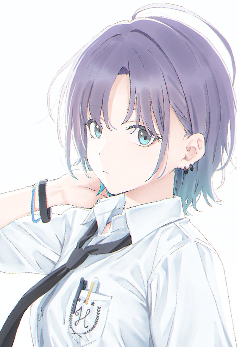 1girl ahoge asakura_toru black_necktie blue_eyes blue_hair bracelet breast_pocket closed_mouth earrings gradient_hair hand_on_own_neck idolmaster idolmaster_shiny_colors jewelry looking_at_viewer loose_necktie mikazuchi_zeus multicolored_hair necktie parted_bangs pen_in_pocket pocket purple_hair school_uniform scratching scratching_neck shirt short_hair solo white_shirt