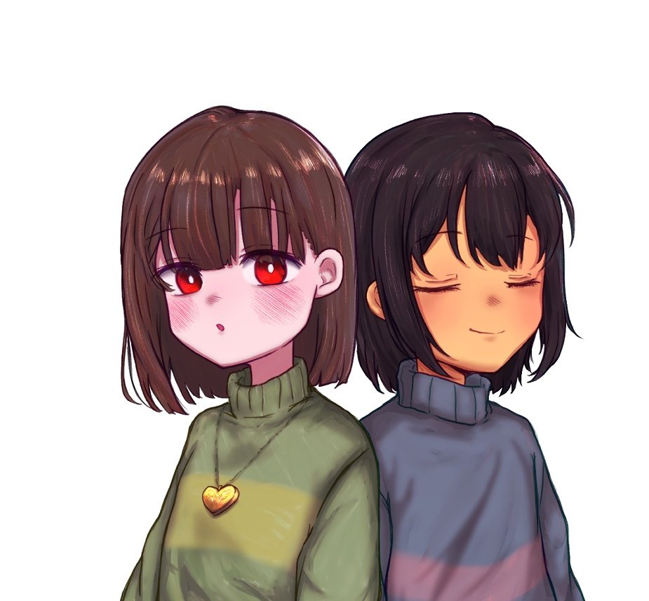 2others :o androgynous arms_at_sides black_hair blue_sweater blunt_bangs blush bob_cut bright_pupils brown_hair chara_(undertale) christian_private_white_clover_academy_school_uniform closed_eyes closed_mouth commentary dark-skinned_other eyelashes facing_viewer frisk_(undertale) gold_necklace heart heart_necklace jewelry looking_at_viewer megumin multiple_others necklace pink_sweater raised_eyebrow red_eyes school_uniform short_hair side-by-side simple_background single_horizontal_stripe smile sweater tomato_(suzuzunnda10) undertale white_background white_pupils yellow_sweater