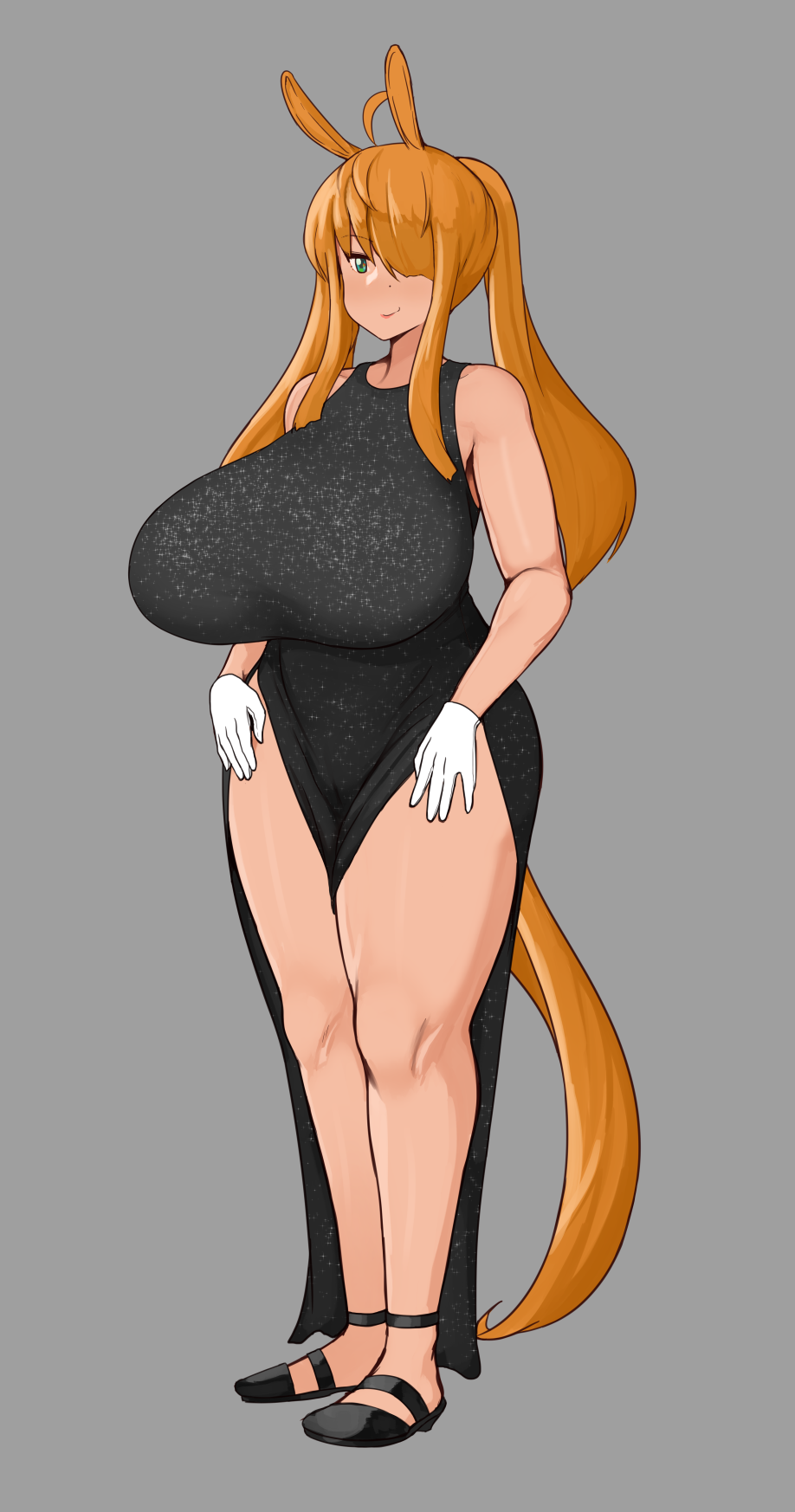 animal_humanoid big_breasts breasts brown_hair clothing dress equid equid_humanoid equine equine_humanoid female gaikiken gloves hair hair_over_eye handwear hi_res humanoid mammal mammal_humanoid one_eye_obstructed solo