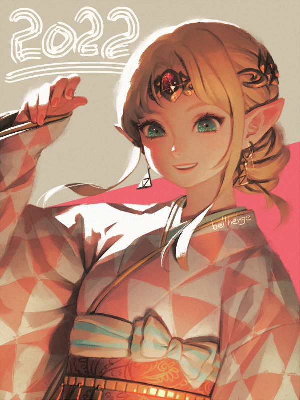 1girl 2022 arm_up artist_name bellhenge blonde_hair blue_eyes earrings fingernails japanese_clothes jewelry kimono looking_to_the_side nail_polish pointy_ears princess_zelda short_hair_with_long_locks simple_background smile teeth the_legend_of_zelda the_legend_of_zelda:_a_link_between_worlds tiara triforce_earrings upper_body upper_teeth_only