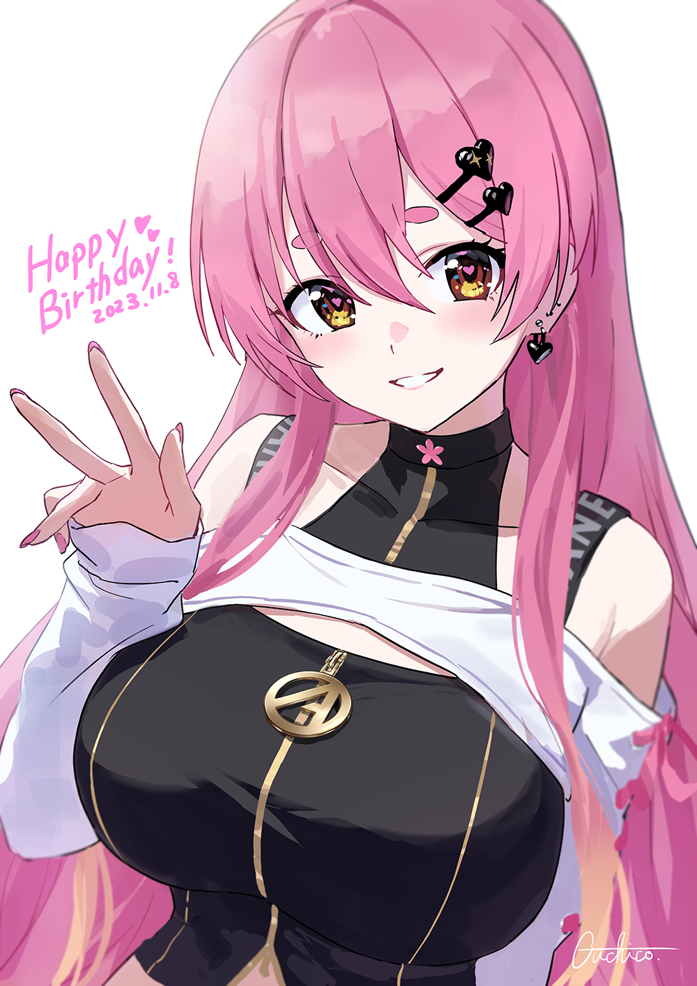 1girl aizono_manami aizono_manami_(5th_costume) black_shirt breasts cropped_head cropped_torso double-parted_bangs earrings guchico hair_between_eyes hair_ornament happy_birthday heart heart_earrings heart_hair_ornament heart_in_eye highres jewelry large_breasts looking_at_viewer middle_finger nijisanji pink_hair pink_nails shirt shrug_(clothing) sidelocks smile symbol_in_eye thick_eyebrows virtual_youtuber white_background yellow_eyes