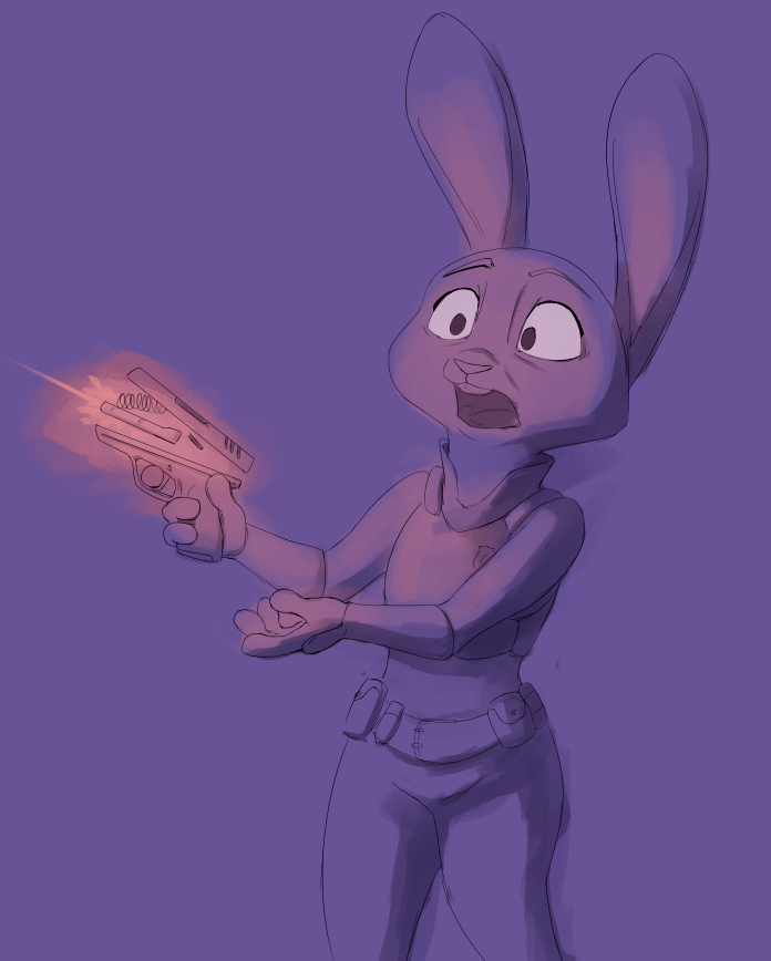 anthro clothing disney ears_up female gun judy_hopps lagomorph leporid mammal purple_background rabbit ranged_weapon simple_background sketch solo standing surprise tggeko uniform weapon zootopia