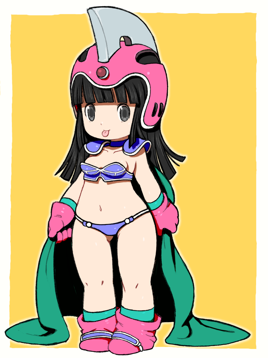 1girl :p armor ass_visible_through_thighs beeru_(veil8801) bikini bikini_armor black_eyes black_hair blue_bikini boots breasts cape cape_hold chi-chi_(dragon_ball) child choker dragon_ball dragon_ball_(classic) female_child full_body gloves green_socks helmet highres holding holding_cape holding_clothes long_hair navel pauldrons pink_footwear pink_gloves pink_headwear shoulder_armor simple_background small_breasts smile socks solo swimsuit thighs tongue tongue_out yellow_background