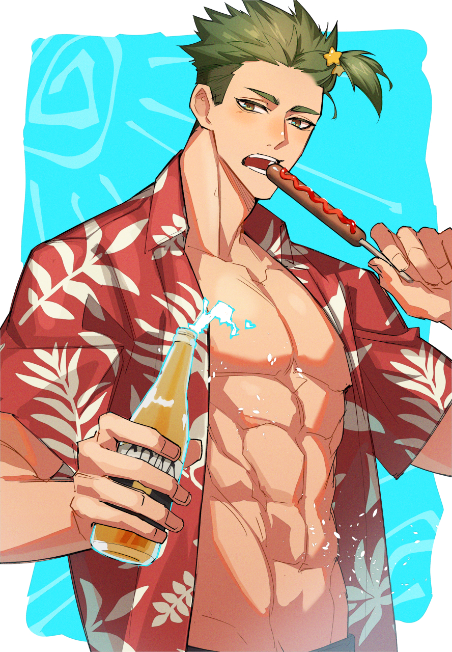 1boy achilles_(fate) bare_pectorals beer_bottle blue_background border bottle brown_eyes collarbone corona_(brand) fate/grand_order fate_(series) food grey_hair haruakira hawaiian_shirt highres holding holding_bottle holding_food holding_skewer hot_dog imminent_bite ketchup male_focus muscular muscular_male one_side_up open_clothes open_mouth open_shirt pectorals shirt short_hair skewer solo teeth undercut upper_body white_border