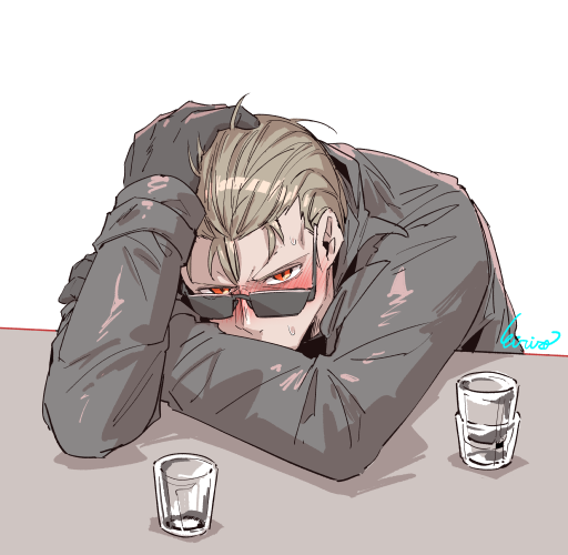 1boy albert_wesker black_gloves black_jacket blush cup dead_by_daylight drinking_glass eiri_(eirri) glass gloves hair_slicked_back hand_on_own_head jacket light_brown_hair looking_at_viewer male_focus orange_eyes resident_evil shot_glass signature solo sunglasses sweat upper_body