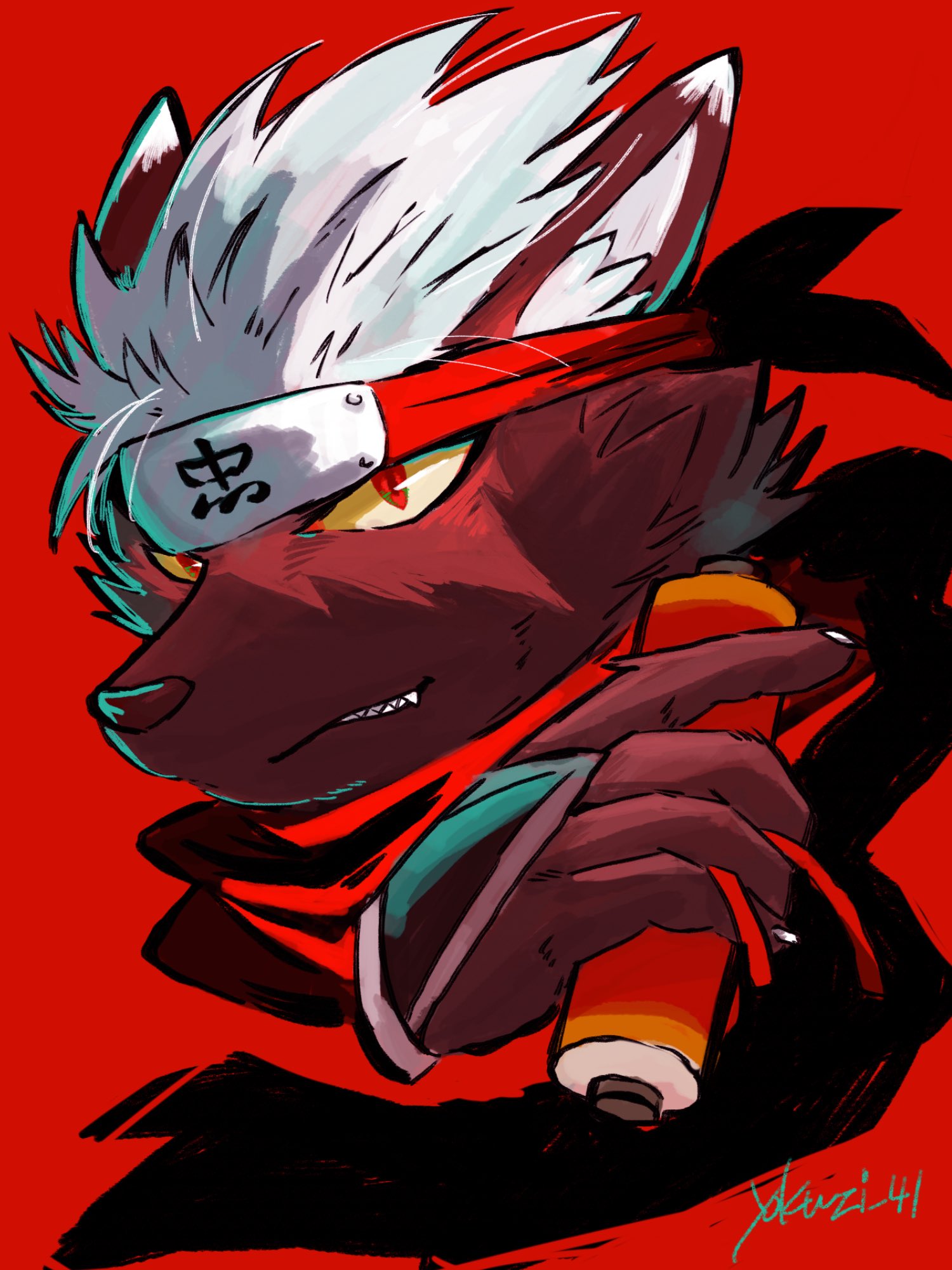 1boy animal_ears colored_sclera commentary_request disembodied_limb dog_boy dog_ears fang forehead_protector furry furry_male grin highres holding holding_scroll looking_at_viewer male_focus red_background red_eyes red_scarf scar scar_on_face scarf scroll sharp_teeth short_hair signature simple_background smile snout solo tadatomo_(housamo) teeth tokyo_afterschool_summoners upper_body white_hair yellow_sclera yokujitsu_(yokuzi_41)
