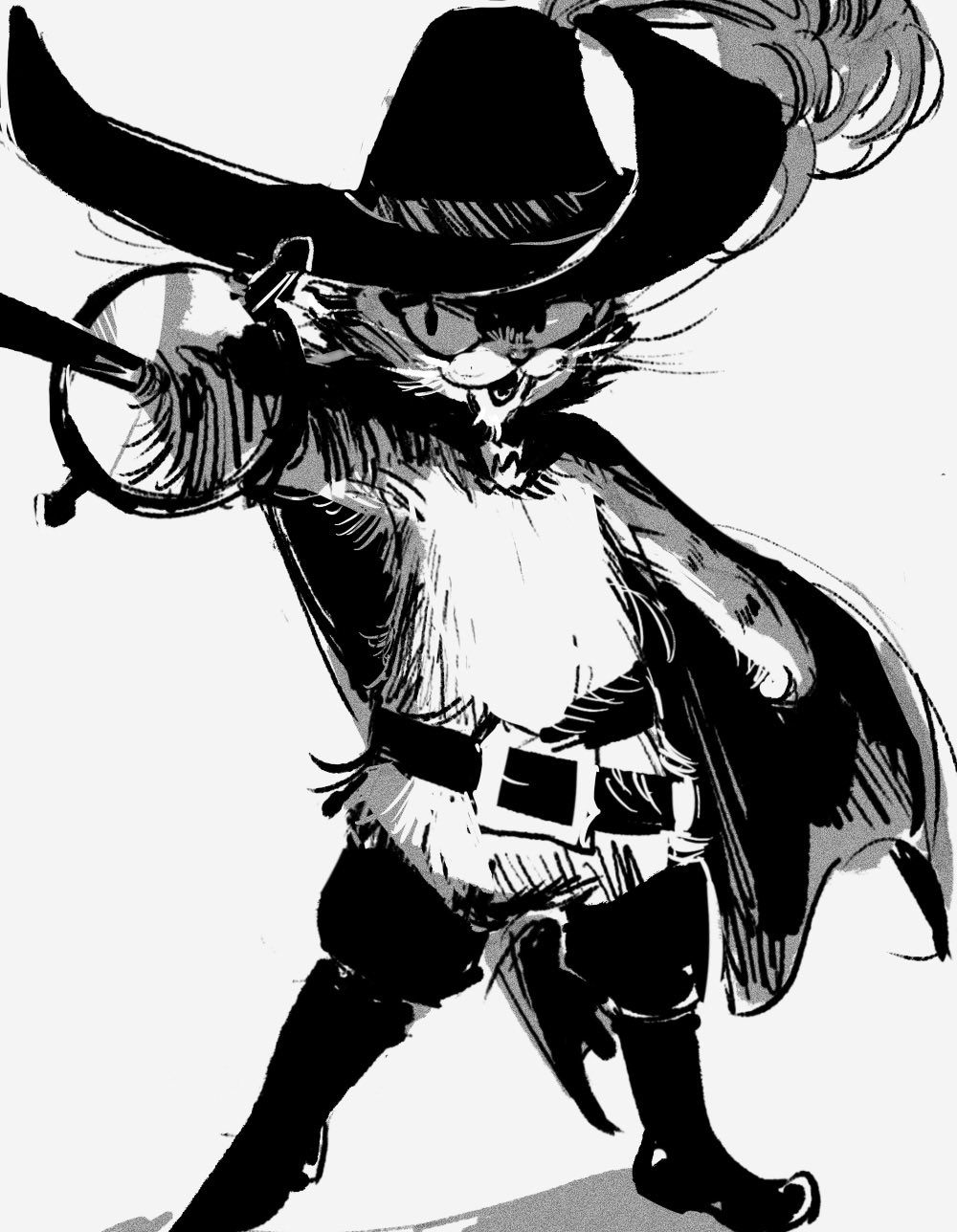 1boy belt boots cat_boy cat_nose cavalier_hat full_body furry furry_male hat_feather highres holding holding_sword holding_weapon looking_at_viewer male_focus monochrome open_mouth pepepegle puss_in_boots puss_in_boots:_the_last_wish puss_in_boots_(shrek) rapier standing sword thigh_boots weapon