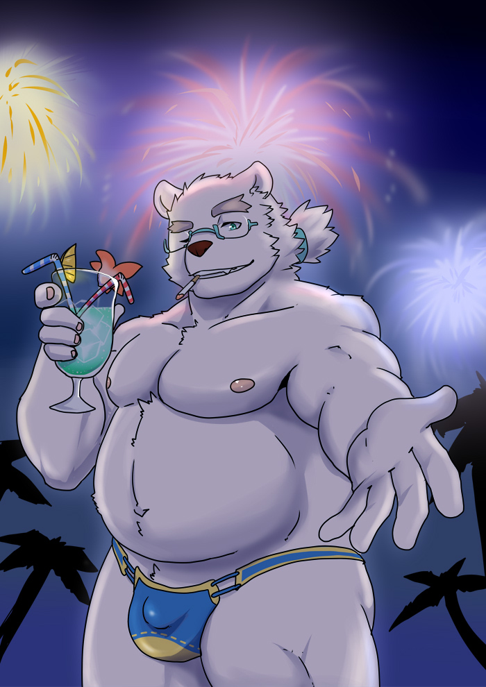 anthro bear belly biceps bulge cigarette clothing eyewear fireworks fur glasses ilan1985 leib_(tas) lifewonders male mammal musclegut navel night nipples one_eye_closed palm_tree pecs plant polar_bear smoking solo speedo swimwear tokyo_afterschool_summoners tree ursine white_body white_fur wink