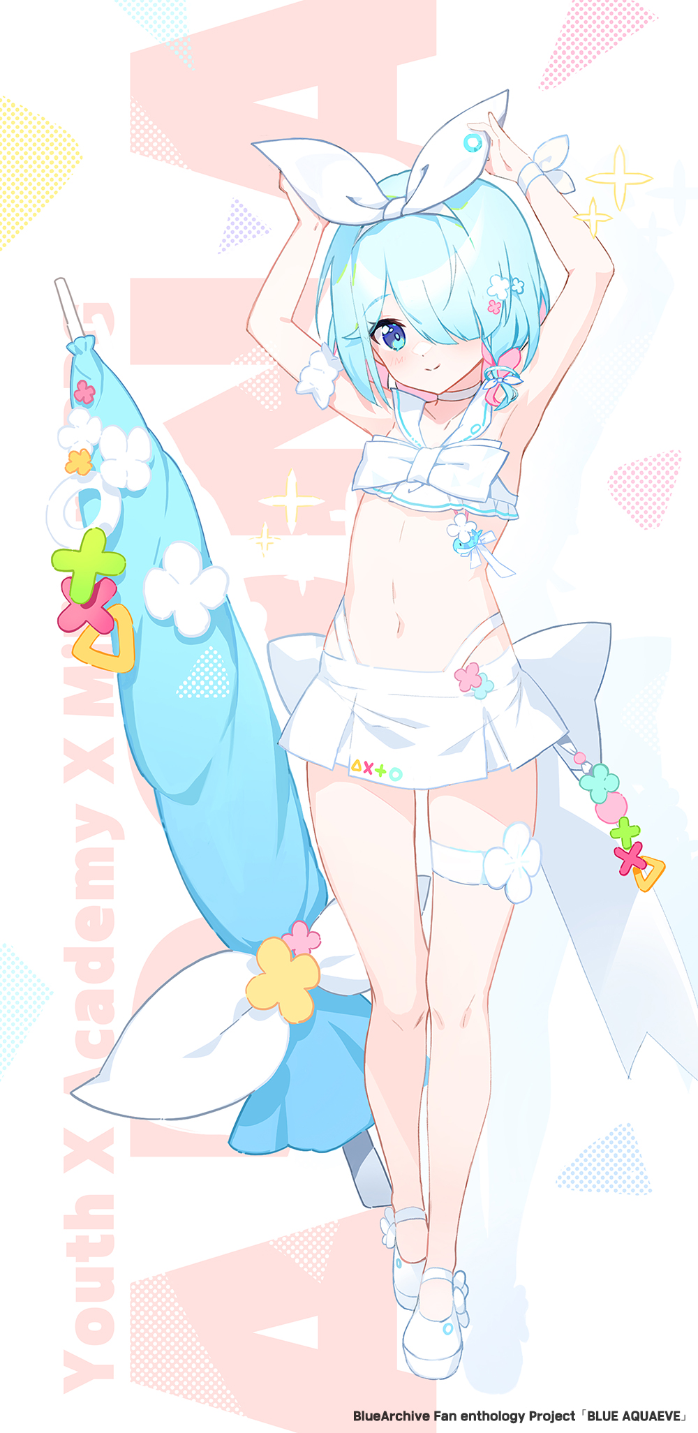 1girl adjusting_bow apple_caramel armpits arms_up arona_(blue_archive) back_bow beach_umbrella bikini blue_archive blue_eyes blue_hair bow choker closed_umbrella colored_inner_hair english_text full_body hair_bow hair_over_one_eye highres looking_at_viewer multicolored_hair pink_hair platform_footwear sailor_collar solo sparkle swimsuit thigh_strap umbrella white_bikini white_bow white_choker white_footwear white_sailor_collar