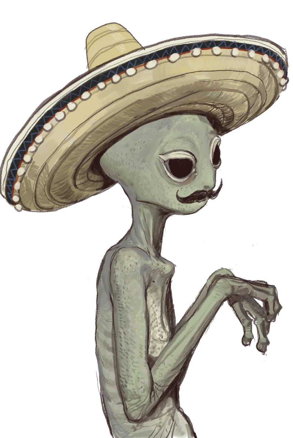 1other alien black_eyes closed_mouth commentary facial_hair from_side hands_up hat highres meme mexico_ufo_alien_bodies_hearing_(meme) mossacannibalis mustache original simple_background solo sombrero spanish_commentary upper_body white_background