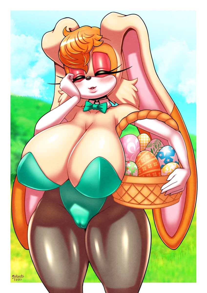 anthro basket big_breasts blush bow_tie breasts bunny_costume camel_toe clothing container costume easter easter_egg eyes_closed female hi_res holidays huge_breasts lagomorph leporid mammal michiyoshi rabbit sega solo sonic_the_hedgehog_(series) thick_thighs vanilla_the_rabbit wide_hips