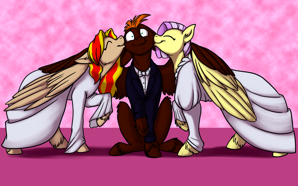 black_tie_(suit) clothed clothed_feral clothing dandelion_dreams dress equid equine eyes_closed feathered_wings feathers female feral fetlocks foxenawolf friendship_is_magic fur goldfur's_cogsverse green_eyes group hair hasbro hooves kissing male male/female mammal multicolored_hair my_little_pony orange_hair pegasus pink_hair red_body red_fur smile suit summer_storm_(goldfur) trio two_tone_hair using_wings wedding_dress whirring_cogs wing_hug wings yellow_body yellow_fur