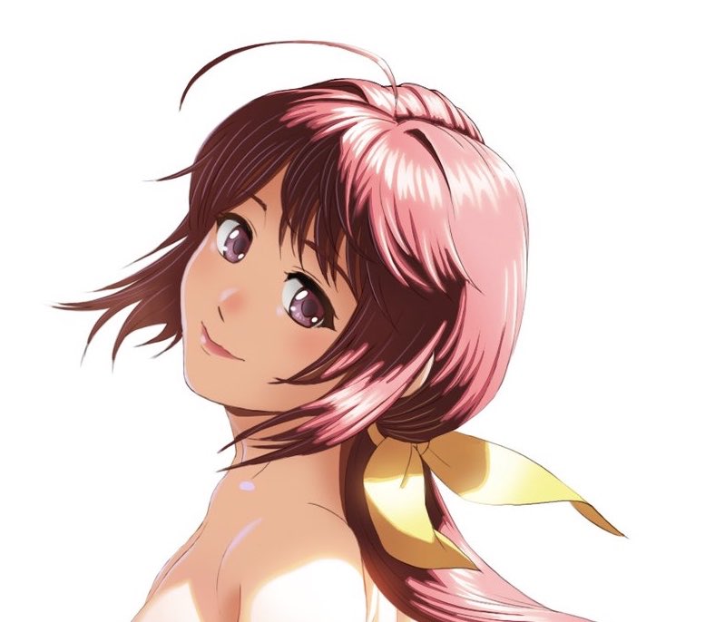 1girl ahoge blue_eyes blush collarbone from_side hair_intakes hair_ribbon kagami_sumika long_hair looking_at_viewer low_ponytail muv-luv nude pink_lips popgun_(22882502) portrait red_eyes red_hair ribbon shaft_look simple_background smile solo white_background yellow_ribbon