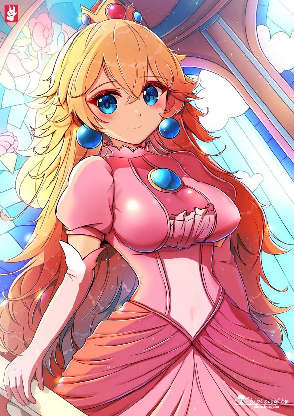 1girl artist_request blonde_hair blue_brooch blue_eyes brooch crown dress earrings eyebrows_hidden_by_hair gloves jewelry long_hair mario_(series) non-web_source pink_dress princess_peach smile solo source_request upper_body white_gloves
