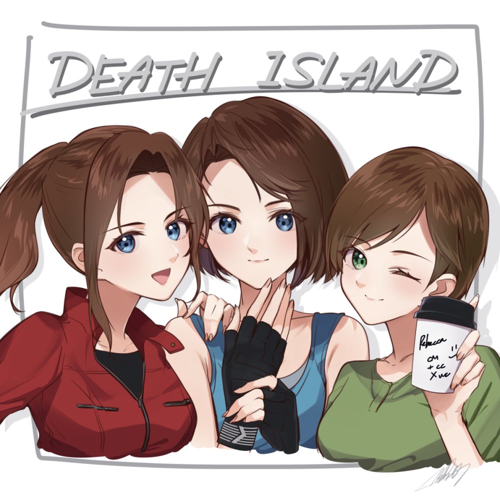 3girls :d black_thighhighs blue_eyes blue_tank_top brown_hair claire_redfield closed_mouth collarbone cup english_text fingerless_gloves gloves green_shirt green_sleeves hand_on_another's_shoulder holding holding_cup jacket jill_valentine looking_at_viewer mar0maru medium_hair multiple_girls one_eye_closed open_hand open_mouth parted_bangs rebecca_bluegarden red_jacket red_sleeves resident_evil resident_evil:_death_island shirt short_hair simple_background smile tank_top thighhighs upper_body white_background