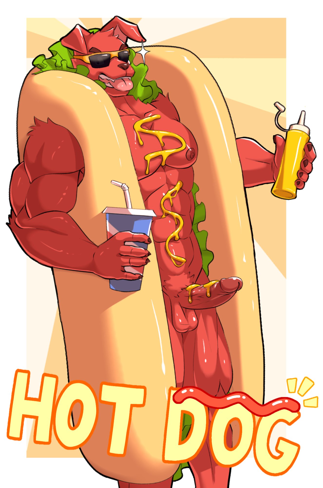 abs anthro balls biceps canid canine canis domestic_dog erection eyewear food fur furtissier genitals hi_res hot_dog hot_dog_bun hot_dog_costume humor ketchup lettuce male mammal muscular muscular_anthro muscular_male mustard nipples nude pecs penis plant red_body red_fur solo sunglasses vegetable