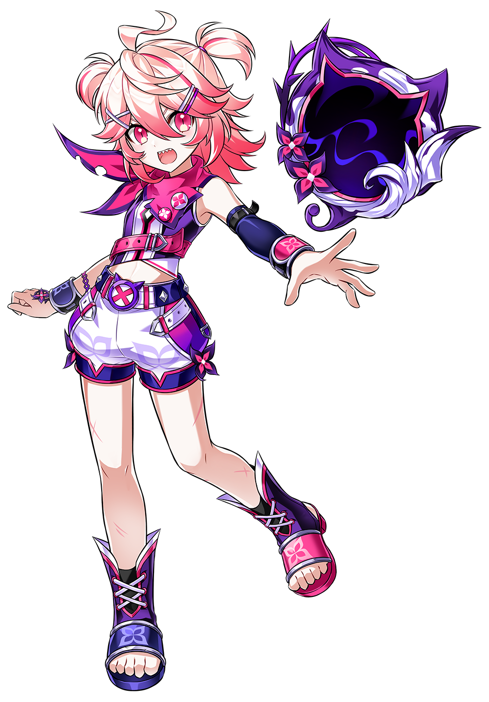 1girl bandana crop_top elsword full_body hair_ornament hairpin half_updo highres laby_(elsword) looking_at_viewer mirror open_mouth pink_hair rough_child_(elsword) sharp_teeth shirt short_hair short_twintails shorts sleeveless sleeveless_shirt solo teeth transparent_background twintails