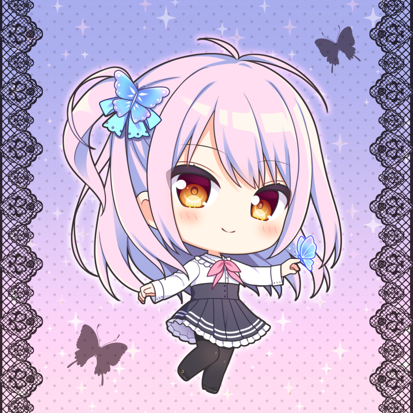 1girl animal animal_on_finger black_footwear black_pantyhose black_skirt blush brown_eyes bug butterfly butterfly_hair_ornament butterfly_on_hand chibi closed_mouth collared_shirt commentary_request frilled_shirt_collar frilled_skirt frills gradient_background hair_ornament long_hair long_sleeves looking_at_viewer one_side_up pantyhose pink_background pink_hair pleated_skirt polka_dot polka_dot_background purple_background ryuuka_sane saijou_hifumi shirt shoes skirt smile solo sparkle tayutama_2 very_long_hair white_shirt