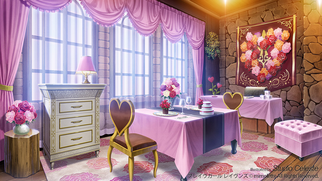 cabinet carpet ceiling_light chair company_name cup dining_room drinking_glass floral_print flower heart indoors ono_tomohiro original plate scenery stone_wall sunlight table vase wall window wine_glass wooden_floor