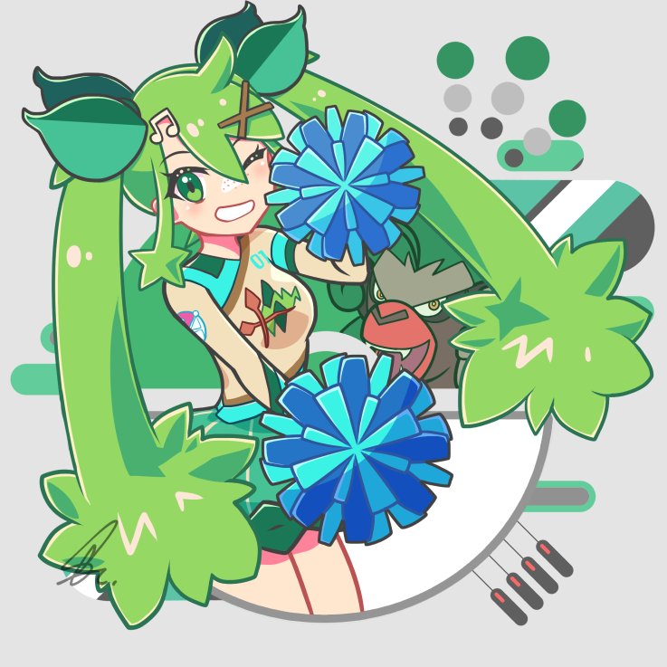 1girl bow breasts bright_pupils brown_fur cheerleader commentary_request dress eyelashes fangs gorilla grass_miku_(project_voltage) green_bow green_eyes green_hair grey_background hair_bow hair_ornament hatsune_miku long_hair multicolored_clothes multicolored_dress multiple_hair_bows multiple_hairpins musical_note musical_note_hair_ornament one_eye_closed open_mouth orange_eyes pokemon pokemon_(creature) pom_pom_(cheerleading) print_dress project_voltage rillaboom saihate_(d3) signature smile teeth twintails very_long_hair vocaloid x_hair_ornament