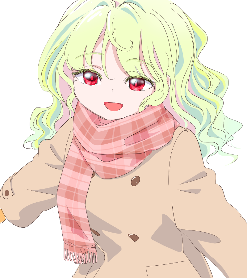 1girl brown_coat buttons coat colored_eyelashes green_hair kazami_yuuka long_hair open_mouth plaid plaid_scarf red_eyes red_scarf s-a-murai scarf smile solo touhou white_background winter_clothes