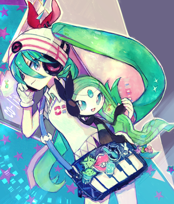 1girl aqua_eyes aqua_hair bag beanie co-li_star collared_shirt gloves hair_between_eyes hair_through_headwear hat hatsune_miku headphones long_hair looking_at_viewer meloetta pokemon pokemon_(creature) project_voltage psychic_miku_(project_voltage) shirt shoulder_bag single_glove twintails very_long_hair vocaloid white_headwear white_shirt