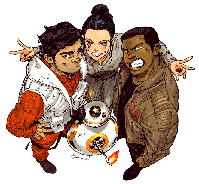 1girl 2boys bb-8 beard_stubble black_pants black_shirt blush brown_jacket clenched_teeth commentary double_v eyelashes finn_(star_wars) hair_bun hand_on_own_hip jacket kotteri looking_at_viewer multiple_boys pants poe_dameron rey_(star_wars) robot shirt short_hair simple_background smile star_wars star_wars:_the_force_awakens teeth v vest white_background white_vest