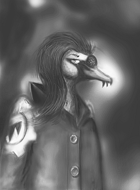 anatid anseriform anserinae anthro avian bird blurred_background bust_portrait clothing eyebrows felix_lundqvist hair long_hair looking_at_viewer makaronnie male monochrome mute_swan portrait punk realistic solo swan uniform