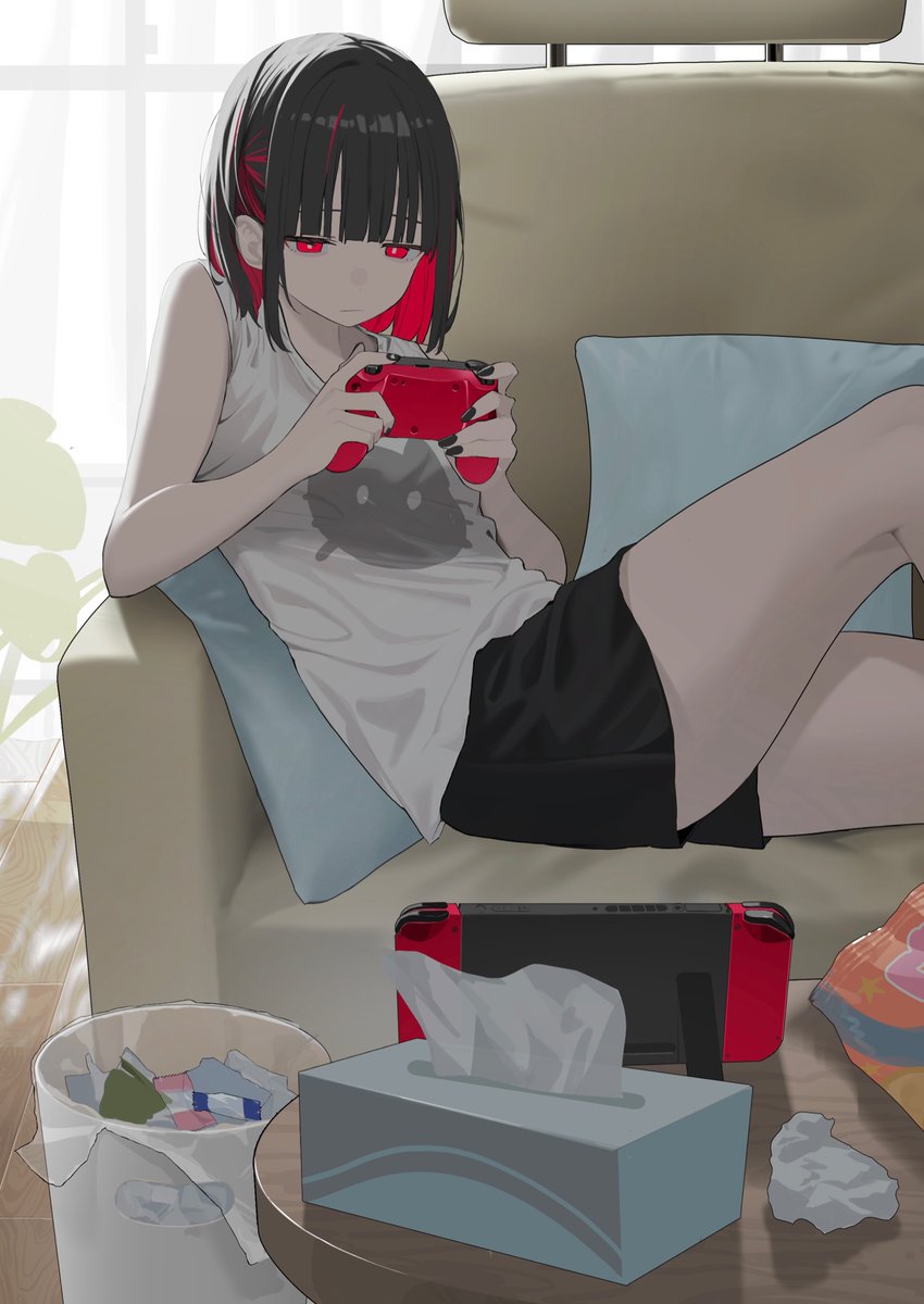 1girl 38_(sanjuuhachi) animal_print bag_of_chips bare_arms black_hair black_nails black_shorts candy_wrapper cat_print closed_mouth colored_inner_hair commentary_request controller couch expressionless feet_out_of_frame game_controller highres holding holding_controller holding_game_controller knee_up medium_hair multicolored_hair nintendo_switch on_couch original pillow red_eyes red_hair shorts solo tank_top tissue tissue_box trash_can used_tissue white_tank_top