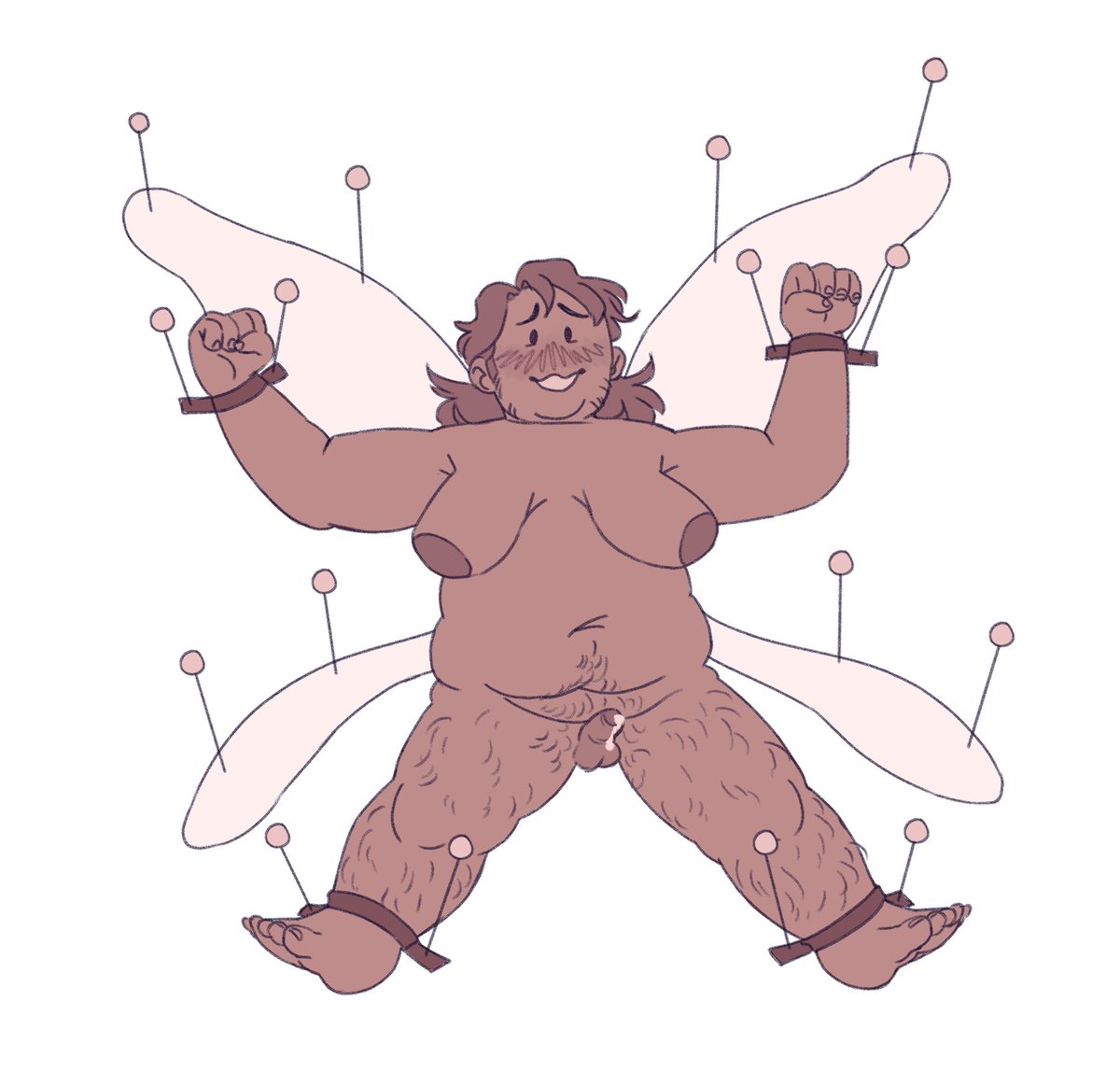 arms_tied balls blush bodily_fluids body_hair bound cum facial_hair fairy genital_fluids genitals godshaper humanoid insect_wings leg_hair legs_tied male martin_blackwood moobs not_furry nude overweight overweight_male penis pubes smile solo the_magnus_archives winged_humanoid wings