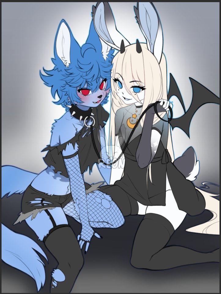 anthro bat_wings blonde_hair blue_body blue_eyes blue_hair blush bottomwear canid canine clothing collar digital_media_(artwork) dress duo duo_focus fishnet fishnet_legwear fokkuzu_(streamer) fox foxy_(vtuber) fur girly group hair halloween holidays horn lagomorph leash legwear leporid looking_at_viewer male male/male mammal membrane_(anatomy) membranous_wings open_mouth pngtuber rabbit red_eyes reon_(streamer) reon_(vtuber) reonufa shorts simple_background smile spiked_collar spikes stockings vtuber white_body wings