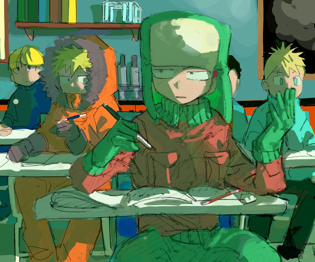 5boys blonde_hair blue_eyes book book_stack bookshelf butters_stotch character_request classroom commentary commentary_request desk facing_viewer fur_hat gloves green_gloves green_headwear green_pants hat hood hood_up jacket kenny_mccormick kyle_broflovski male_child male_focus multiple_boys on_chair open_book orange_jacket painting_(medium) pants pen puretoma02 school_desk sitting south_park stan_marsh traditional_media
