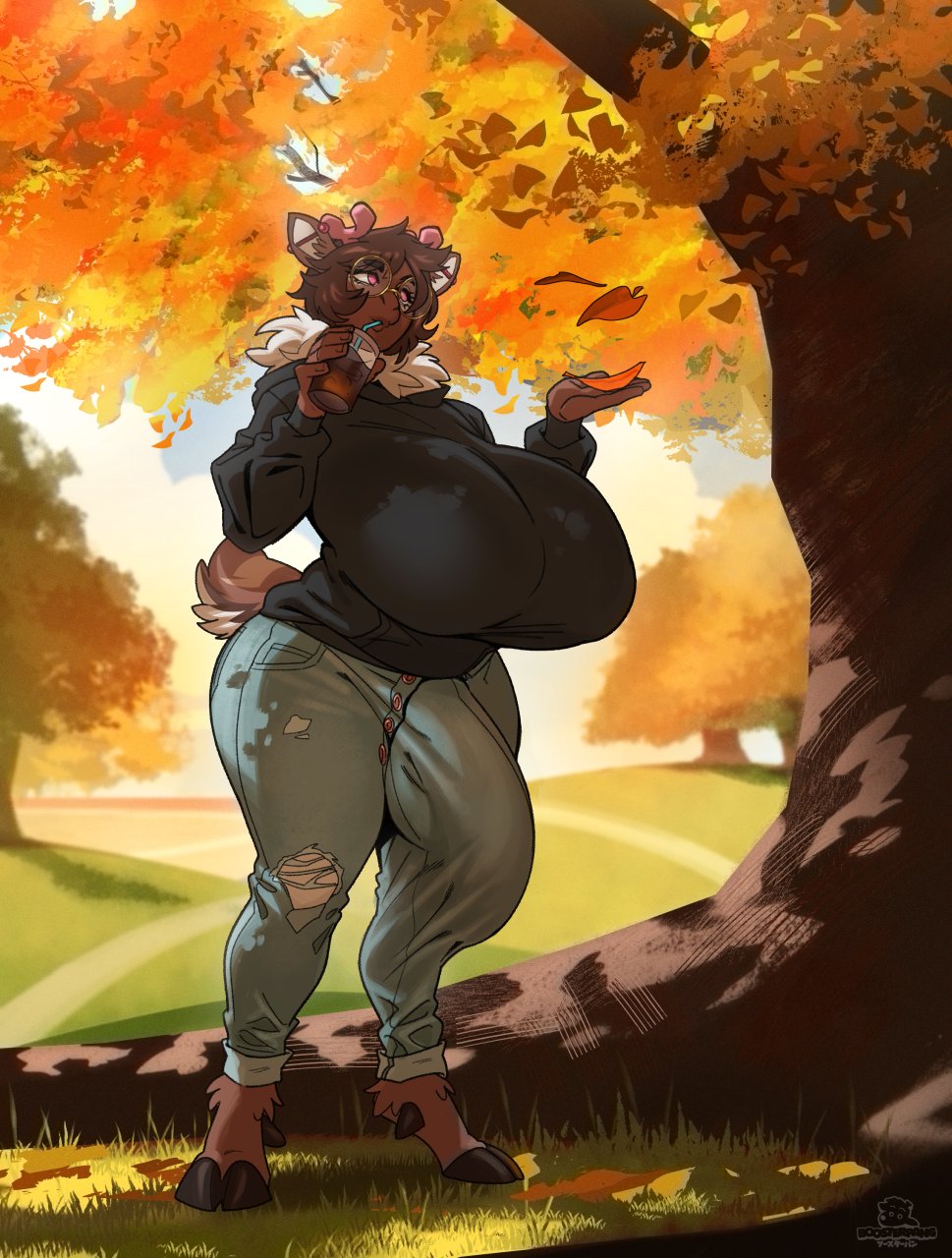 2023 anthro autumn autumn_leaves big_breasts big_bulge boosterpang bottomwear breasts bulge clothed clothing day deer denim denim_clothing detailed_bulge eyewear fluffy fluffy_tail glasses gynomorph hi_res hooves huge_breasts hyper hyper_breasts intersex jeans male_(lore) mammal outside pants park plant pose solo sommar standing sweater tail topwear torn_clothing tree