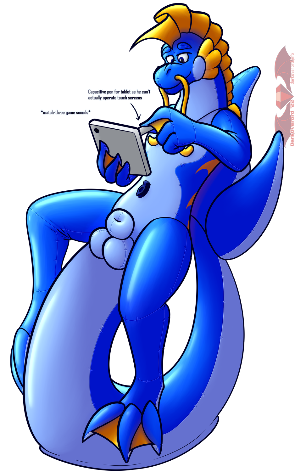2022 3_toes 4_fingers air_valve alpha_channel animal_genitalia animate_inanimate anthro balancing_on_tail balls barbel_(anatomy) big_tail blue_body blue_eyes cheek_frill darkoverord digital_media_(artwork) dragon eastern_dragon english_text feet fingers flesh_whiskers frill_(anatomy) genitals grey_pupils handles head_crest head_frill hi_res holding_object holding_tablet inflatable leaning_on_self living_inflatable looking_at_object male markings membrane_(anatomy) nude orange_markings pool_toy pupils rigel_(darkoverord) sheath simple_background smile solo spade_tail spread_toes tablet_computer tablet_pen tail text toes transparent_background webbed_feet yellow_membrane