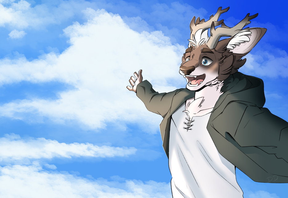 5_fingers anthro antlers attack_on_titan blue_eyes brown_body brown_fur cheek_tuft chest_tuft clothed clothing cloud cloudscape countershading deer disasterdraws facial_tuft fingers fluffy_ears fur hair head_tuft hoodie horn light lighting looking_offscreen male mammal multicolored_body multicolored_fur open_mouth shaded shirt sky smile solo spread_arms spreading teeth topwear tuft two_tone_body two_tone_fur white_body white_countershading white_hair