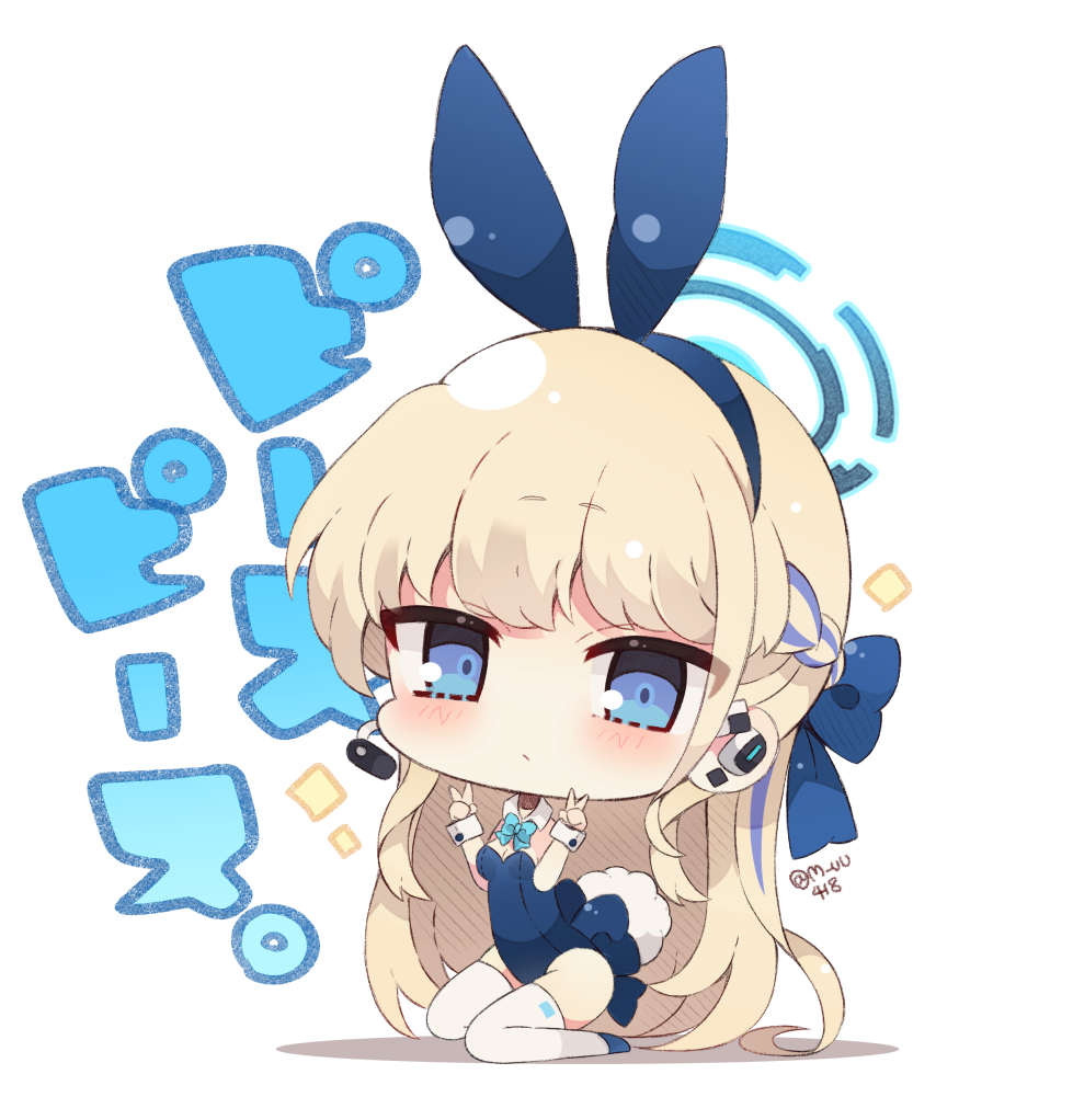 1girl animal_ears blonde_hair blue_archive blue_bow blue_eyes blue_footwear blue_hair blue_hairband blue_leotard blush bow braid breasts chibi cleavage closed_mouth collar commentary_request detached_collar double_v earpiece fake_animal_ears full_body hair_bow hairband hands_up headset leotard long_hair looking_at_viewer medium_breasts multicolored_hair muuran playboy_bunny rabbit_ears rabbit_tail shadow shoes simple_background sitting solo sparkle strapless strapless_leotard streaked_hair tail thighhighs toki_(blue_archive) toki_(bunny)_(blue_archive) translation_request twitter_username v very_long_hair wariza white_background white_collar white_thighhighs wrist_cuffs