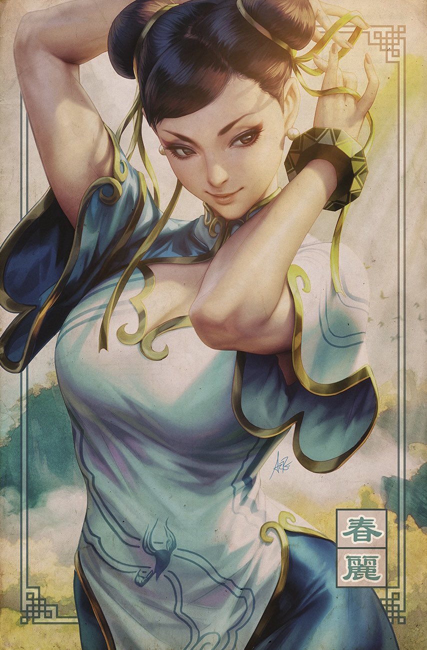 1girl black_hair bracelet breasts china_dress chinese_clothes chun-li cleavage cleavage_cutout closed_mouth clothing_cutout double_bun dress earrings framed hair_bun highres jewelry pearl_earrings ribbon short_sleeves signature smile solo stanley_lau street_fighter street_fighter_6 tying_hair yellow_ribbon
