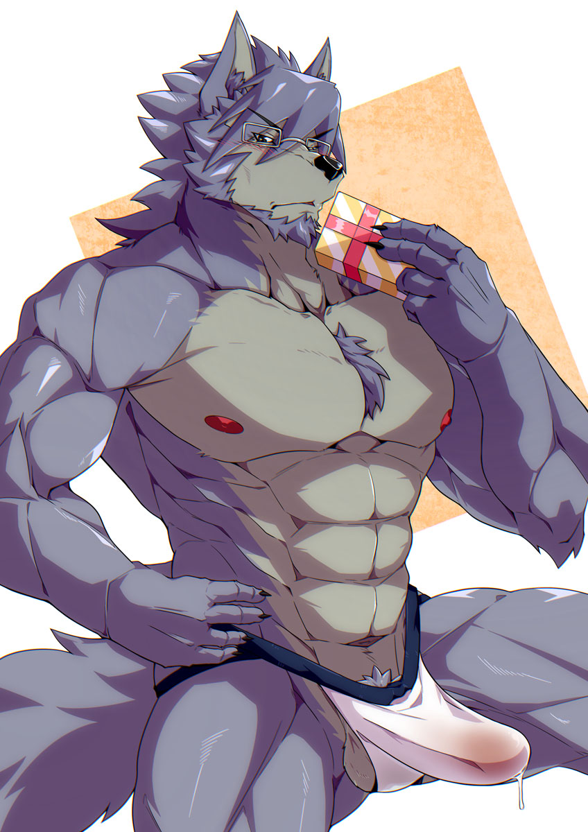 abs anthro bulge canid canine canis clothed clothing domestic_dog erection erection_under_clothing eyewear glasses hi_res jockstrap kadzu male mammal mitsuhisa_aotsuki morenatsu side_balls solo underwear